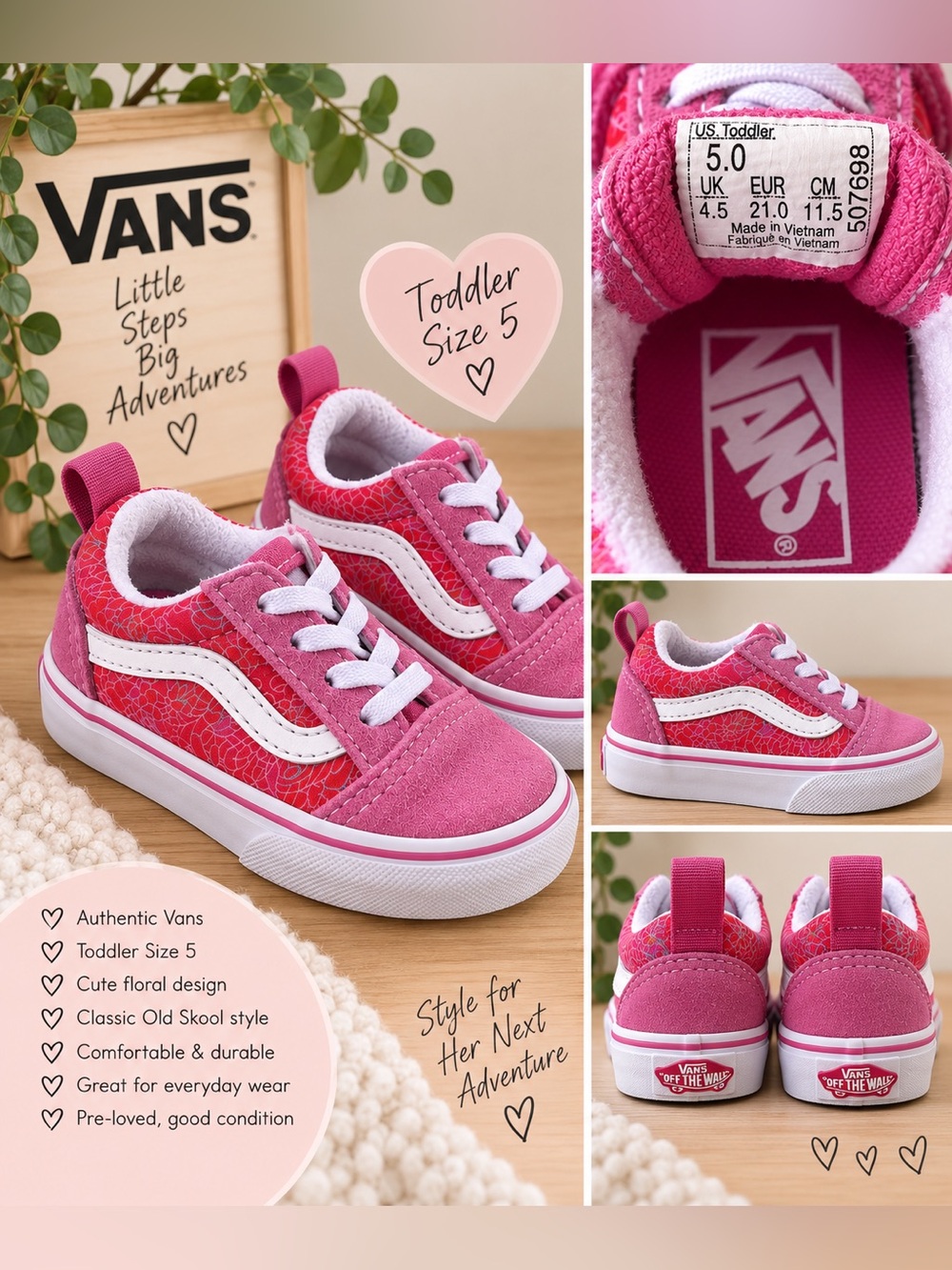 Vans Toddler Girls Size 5 Pink Floral Old Skool Sneakers